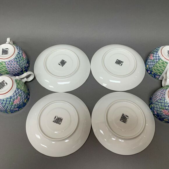 Gump's Botan Cups & Saucers 4 Sets Blue Yellow Pink Multi-color Floral Flowers - Picture 6 of 7